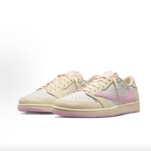 A Travis Scott x Air Jordan 1 Low Pink/White Reverse Swoosh